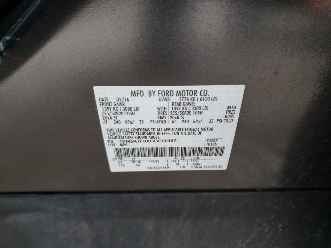 Photo 10 from auction – 2016 FORD EXPLORER L with VIN 1FM5K7F8XGGC90167