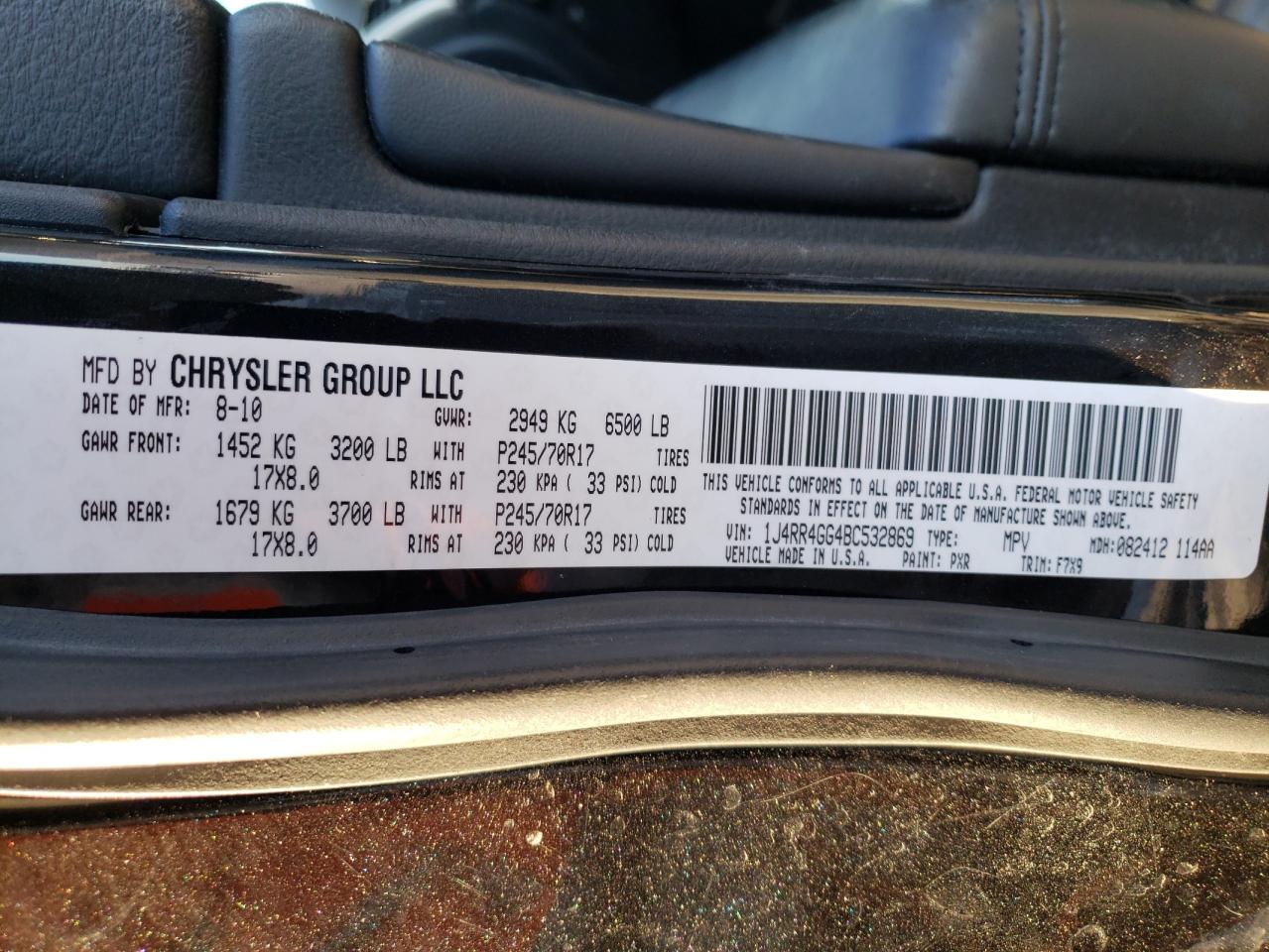 Photo 10 from auction – 2011 JEEP GRAND CHER with VIN 1J4RR4GG4BC532869