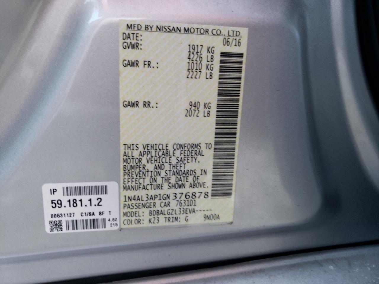Photo 10 from auction – 2016 NISSAN ALTIMA 2.5 with VIN 1N4AL3AP1GN376878