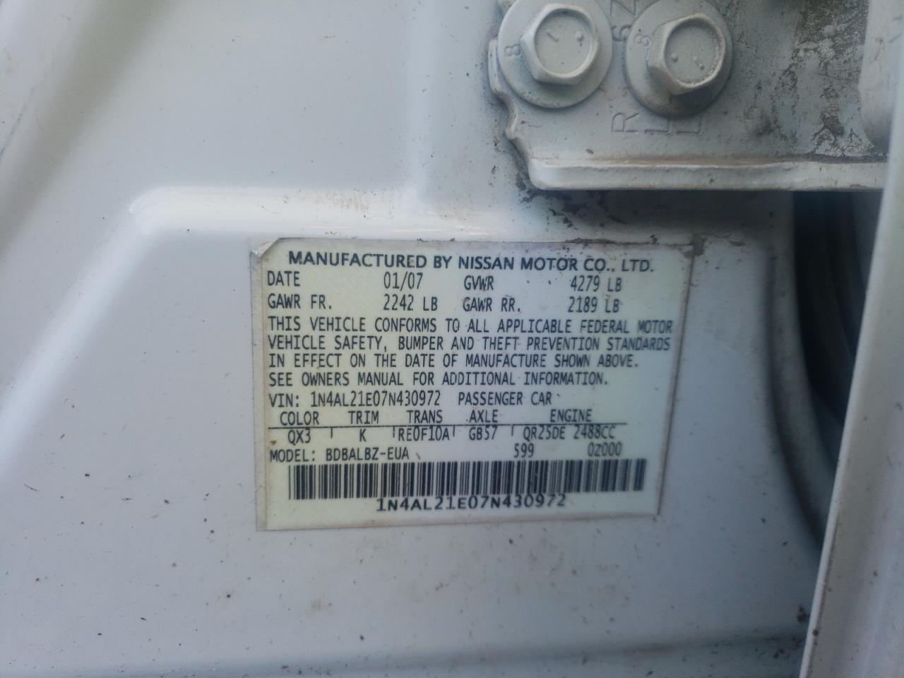 Photo 10 from auction – 2007 NISSAN ALTIMA 2.5 with VIN 1N4AL21E07N430972