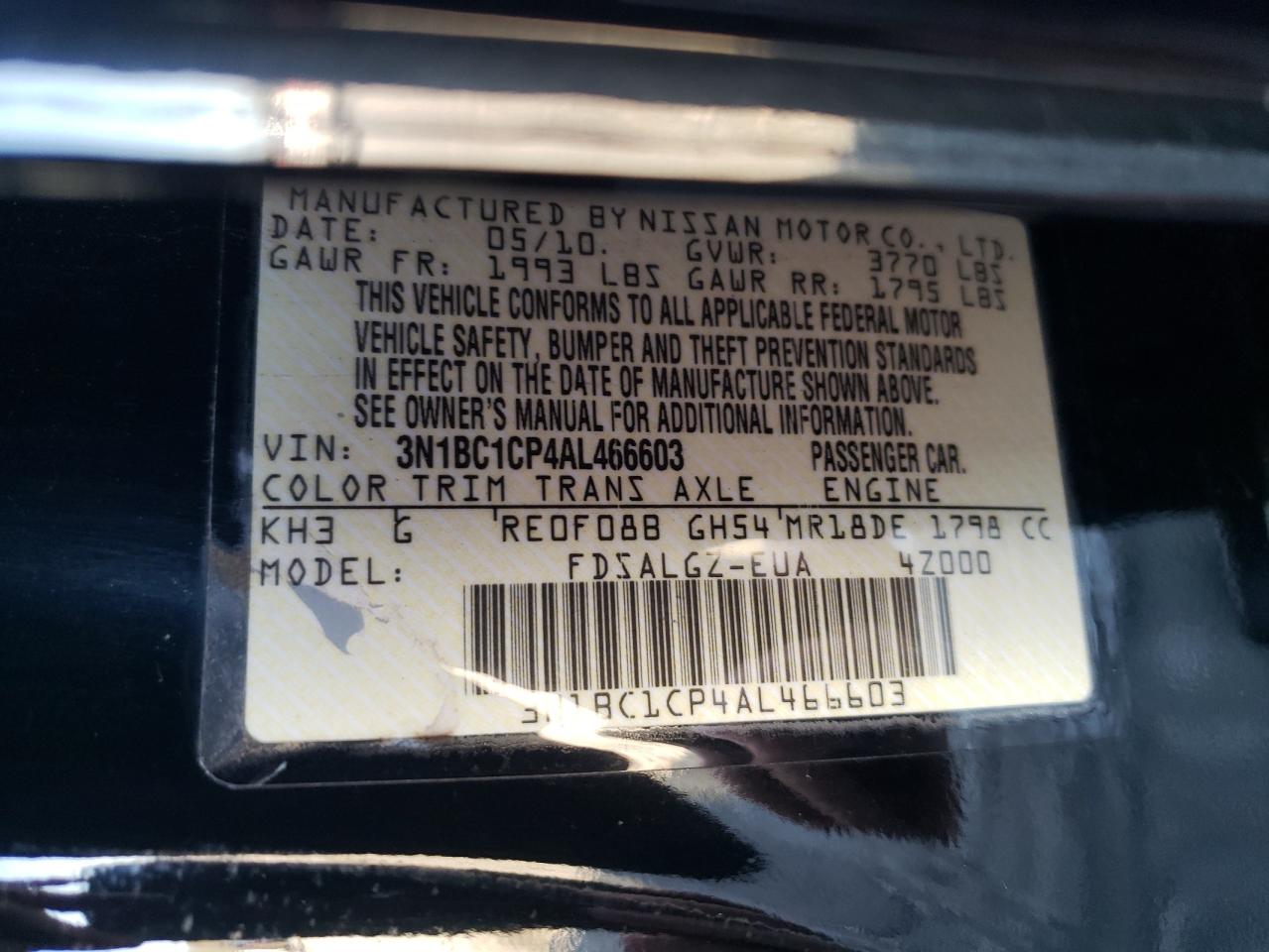 Photo 10 from auction – 2010 NISSAN VERSA S with VIN 3N1BC1CP4AL466603