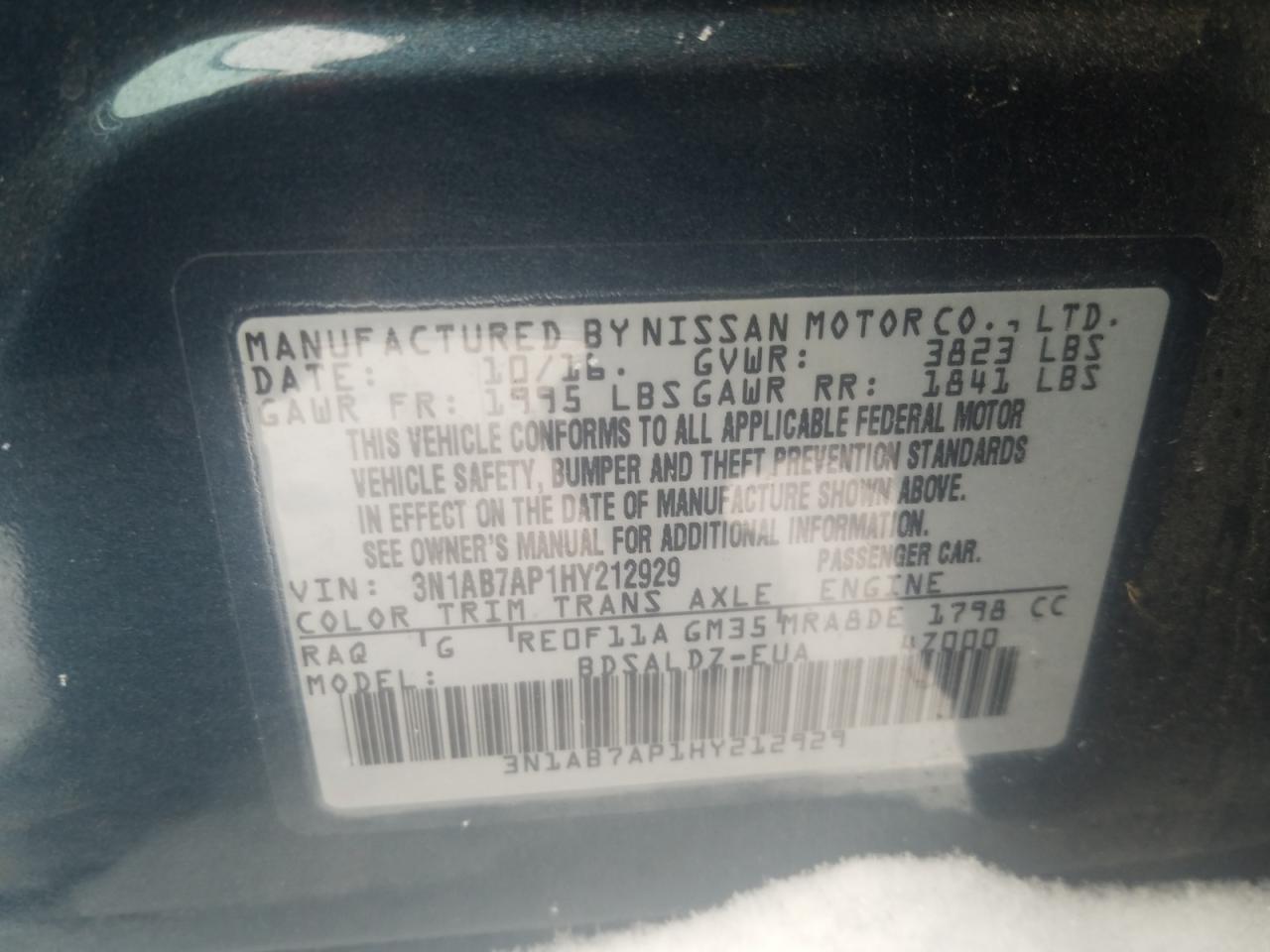 Photo 10 from auction – 2017 NISSAN SENTRA S with VIN 3N1AB7AP1HY212929