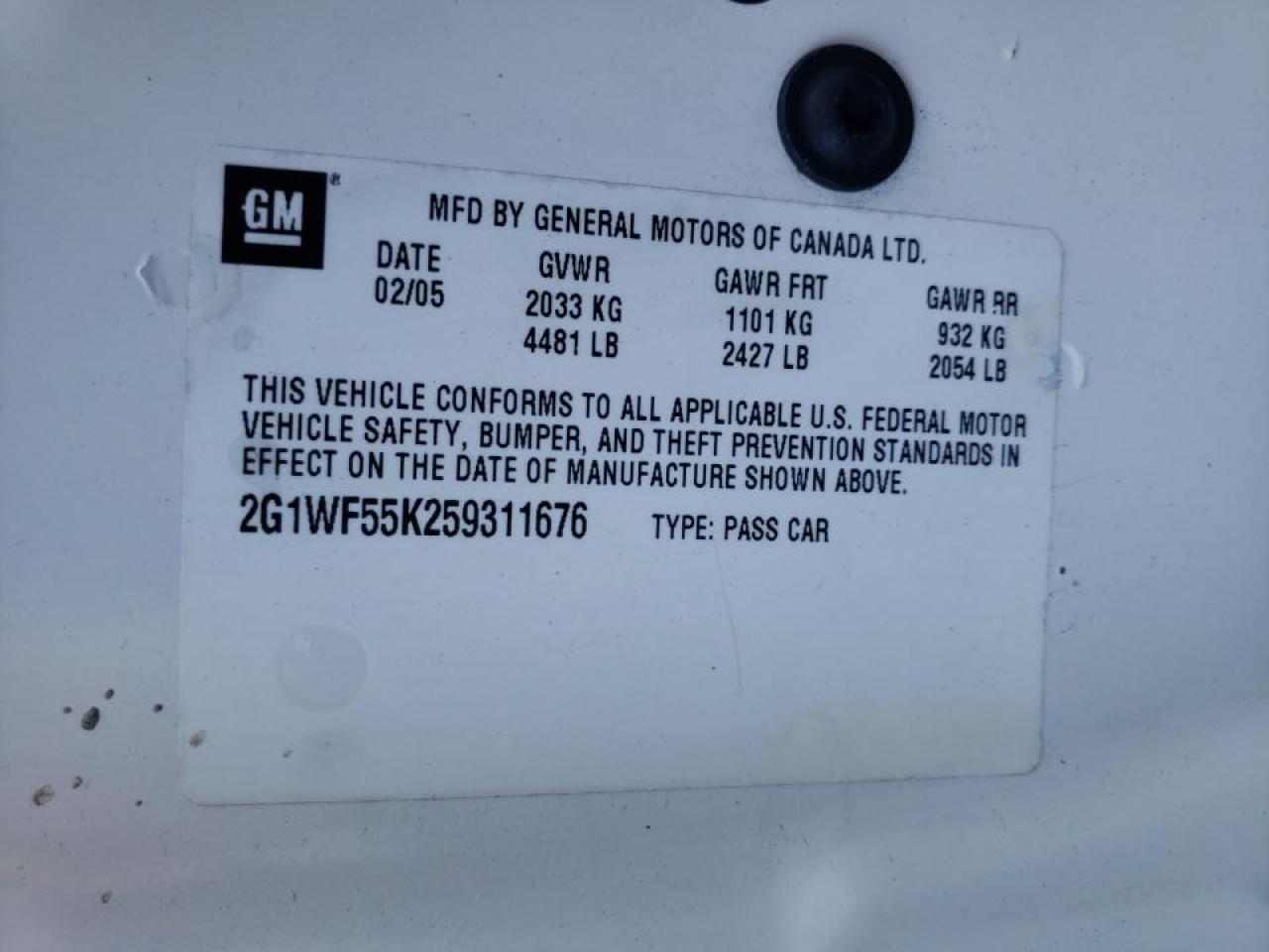 Photo 10 from auction – 2005 CHEVROLET IMPALA with VIN 2G1WF55K259311676