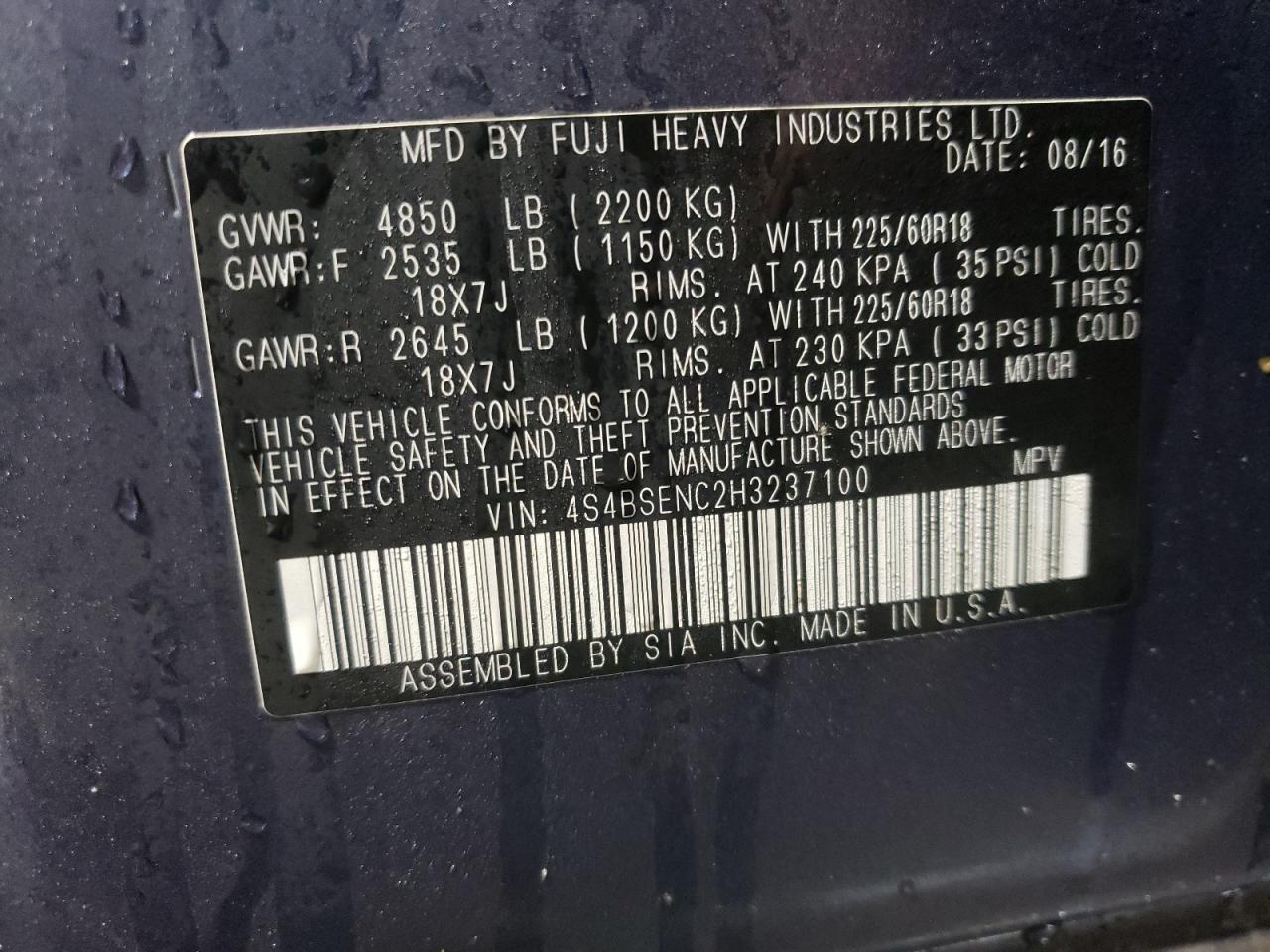 Photo 10 from auction – 2017 SUBARU OUTBACK 3. with VIN 4S4BSENC2H3237100