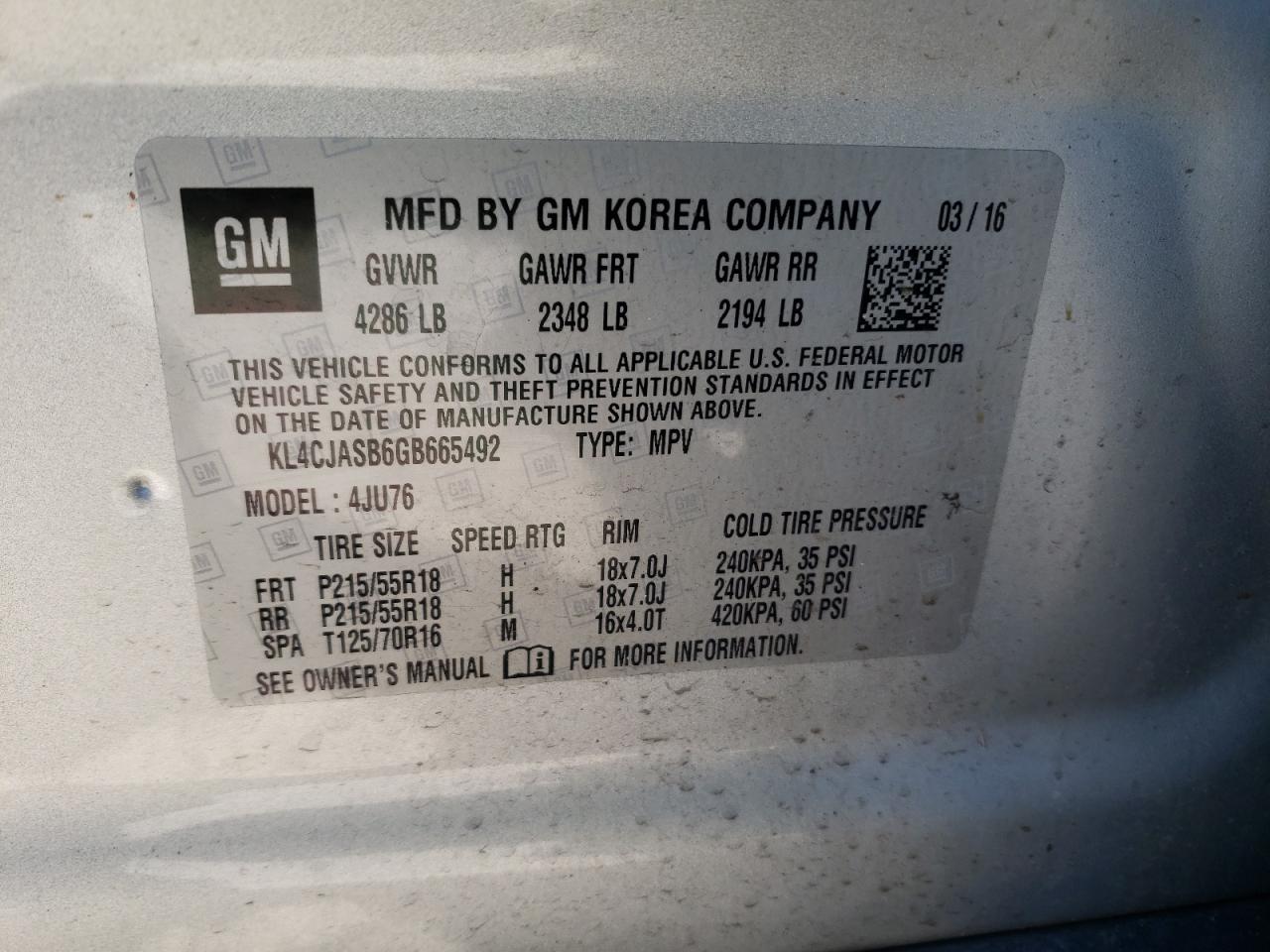 Photo 10 from auction – 2016 BUICK ENCORE with VIN KL4CJASB6GB665492