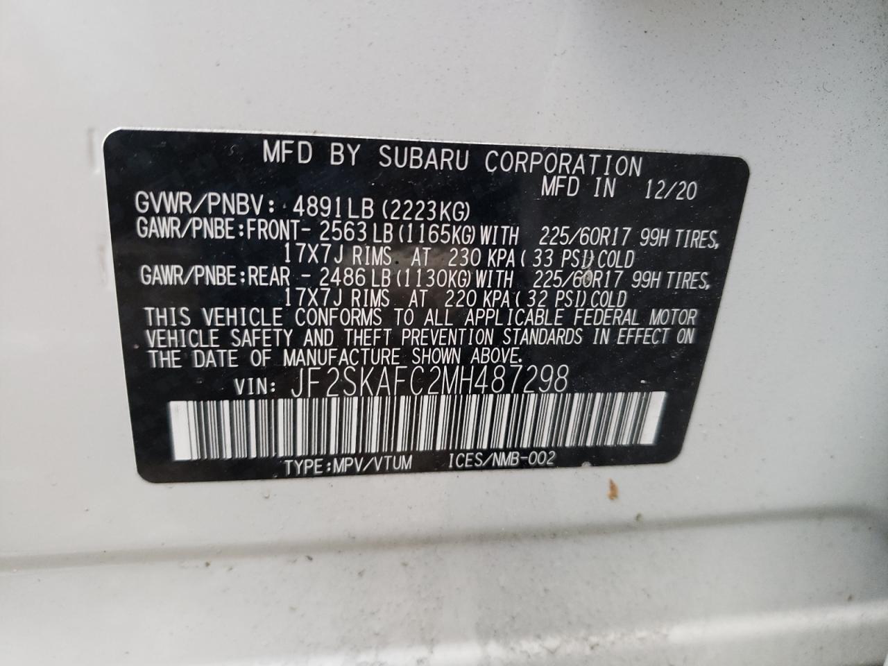 Photo 10 from auction – 2021 SUBARU FORESTER P with VIN JF2SKAFC2MH487298
