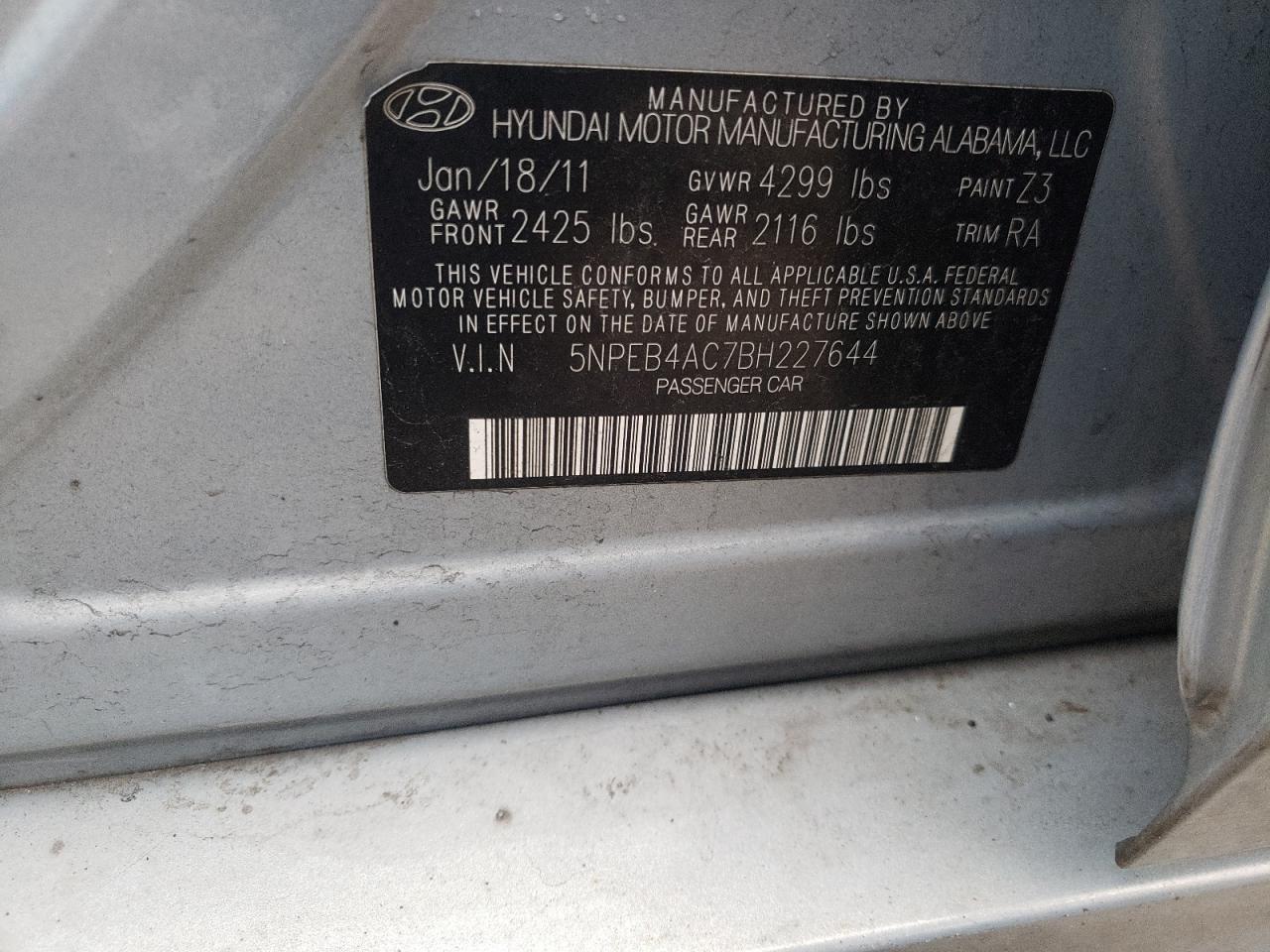 Photo 10 from auction – 2011 HYUNDAI SONATA GLS with VIN 5NPEB4AC7BH227644