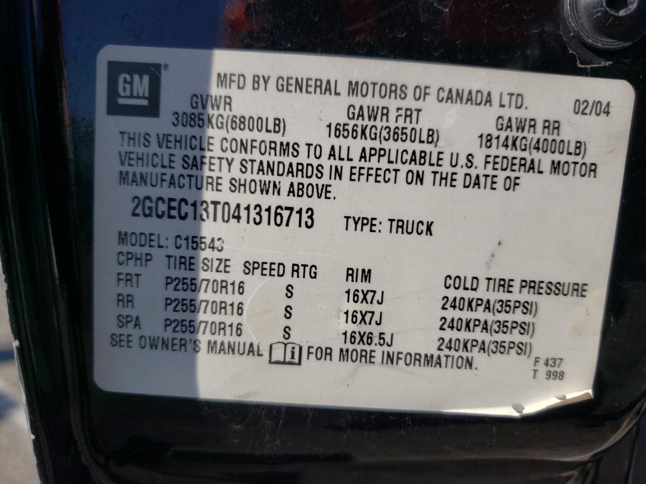 Photo 10 from auction – 2004 CHEVROLET SILVERADO with VIN 2GCEC13T041316713