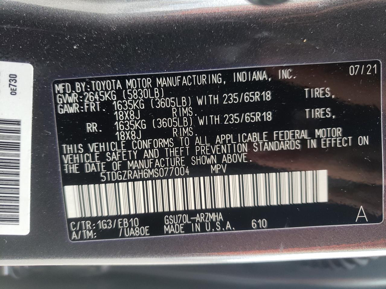 Photo 10 from auction – 2021 TOYOTA HIGHLANDER with VIN 5TDGZRAH6MS077004