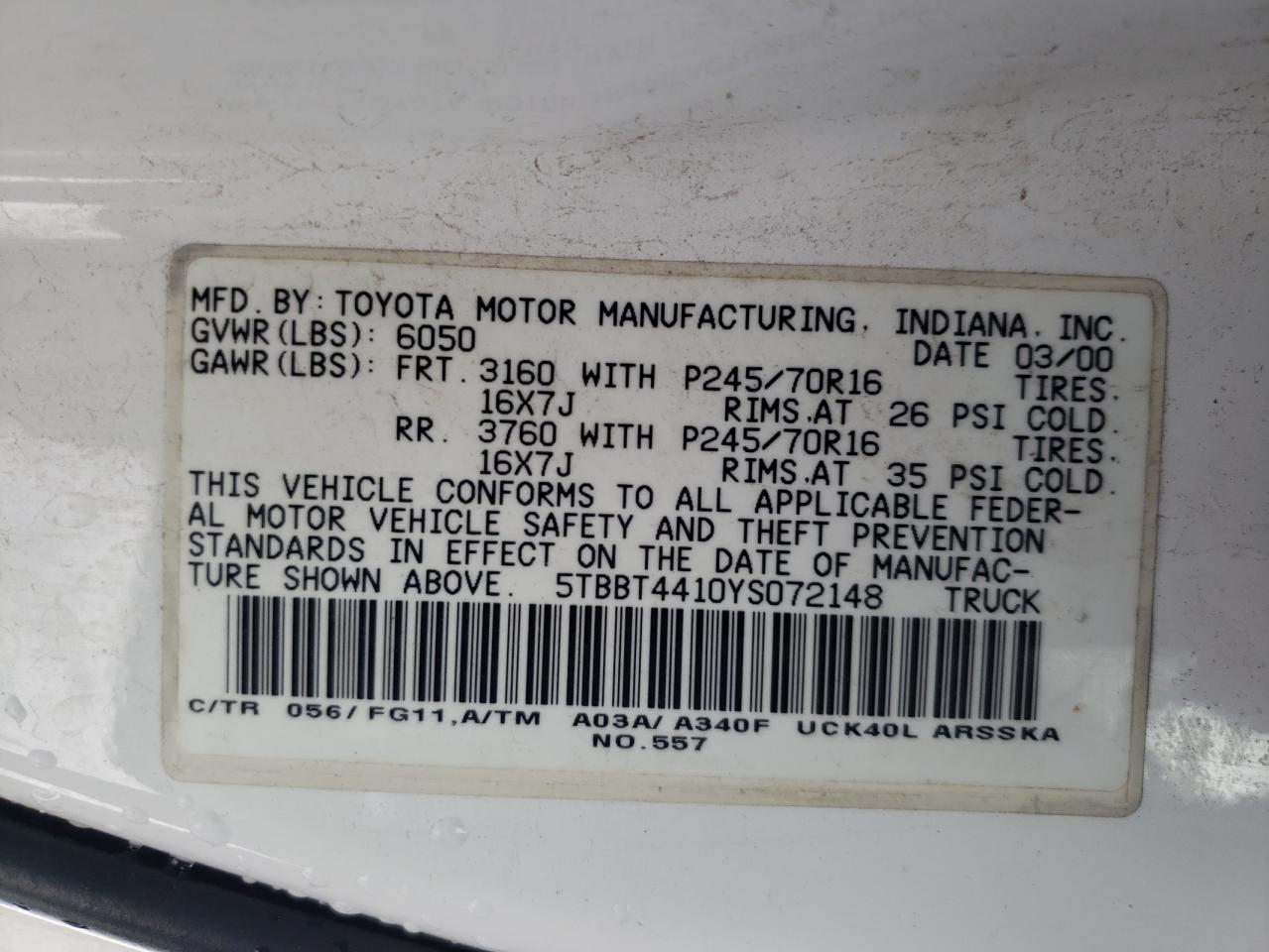 Photo 10 from auction – 2000 TOYOTA TUNDRA ACC with VIN 5TBBT4410YS072148