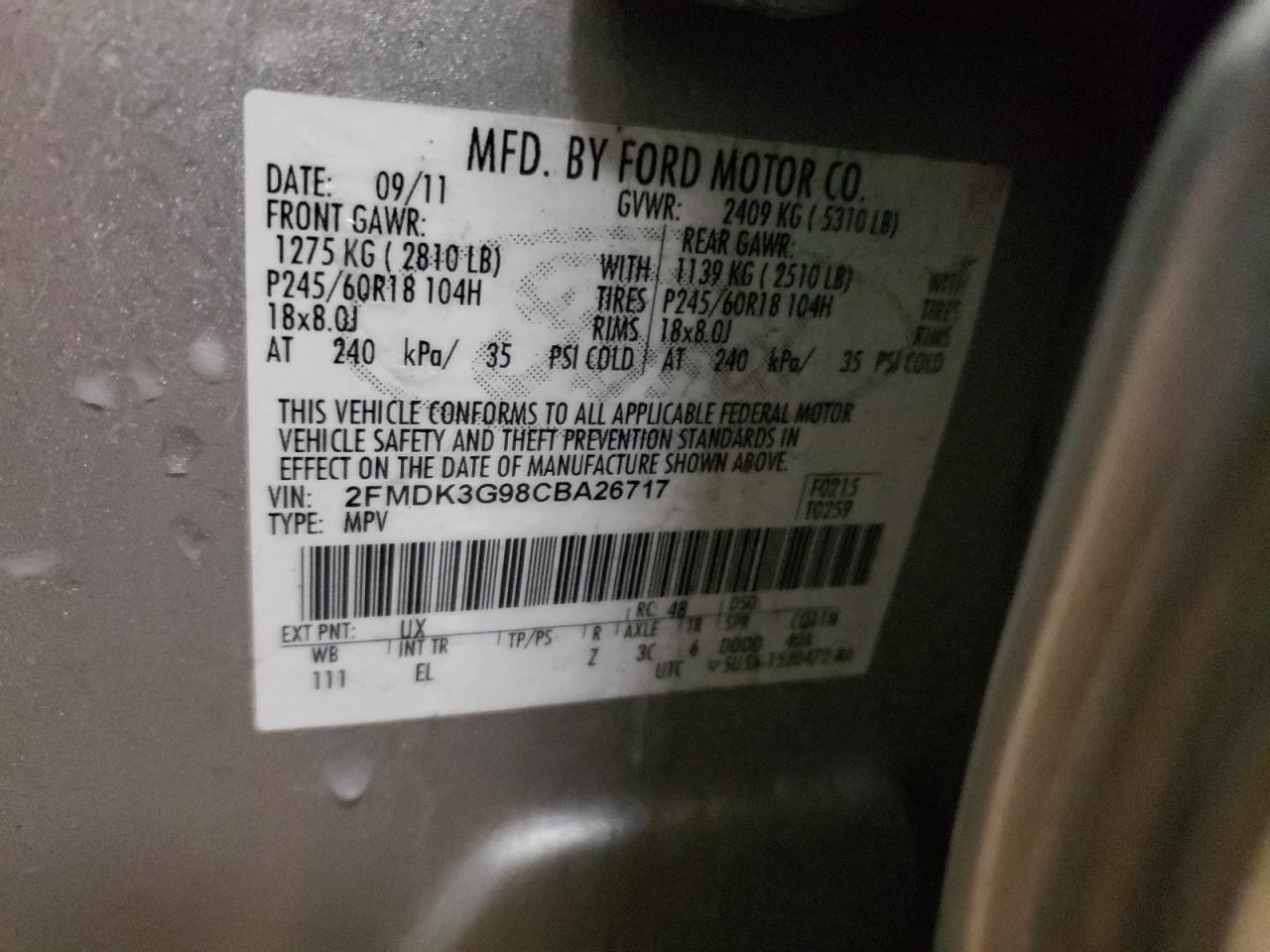 Photo 10 from auction – 2012 FORD EDGE SE with VIN 2FMDK3G98CBA26717