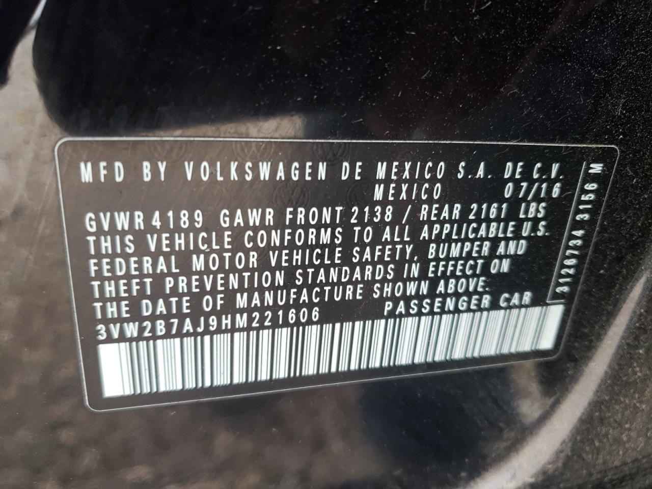 Photo 10 from auction – 2017 VOLKSWAGEN JETTA S with VIN 3VW2B7AJ9HM221606
