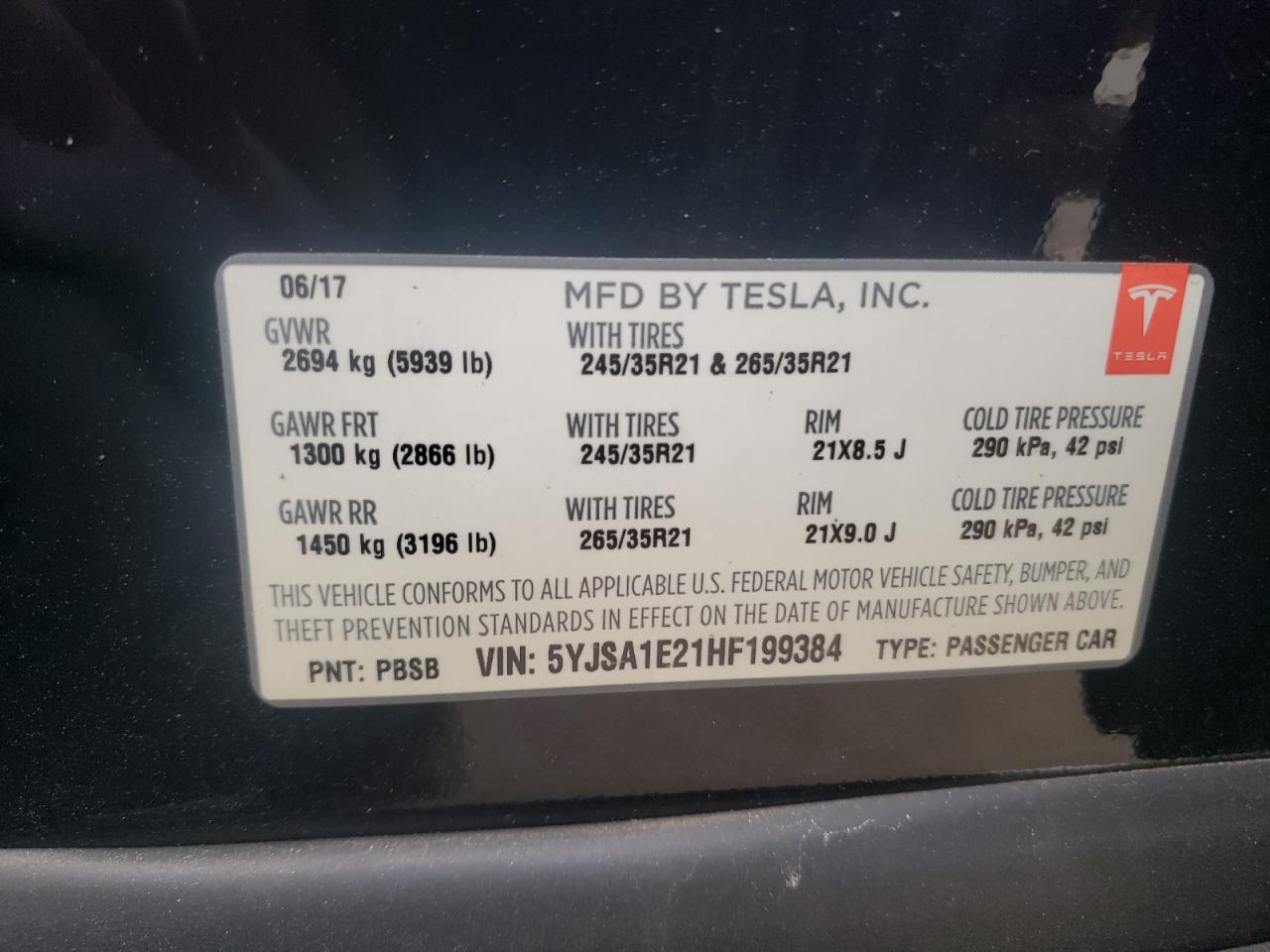 Photo 10 from auction – 2017 TESLA MODEL S with VIN 5YJSA1E21HF199384
