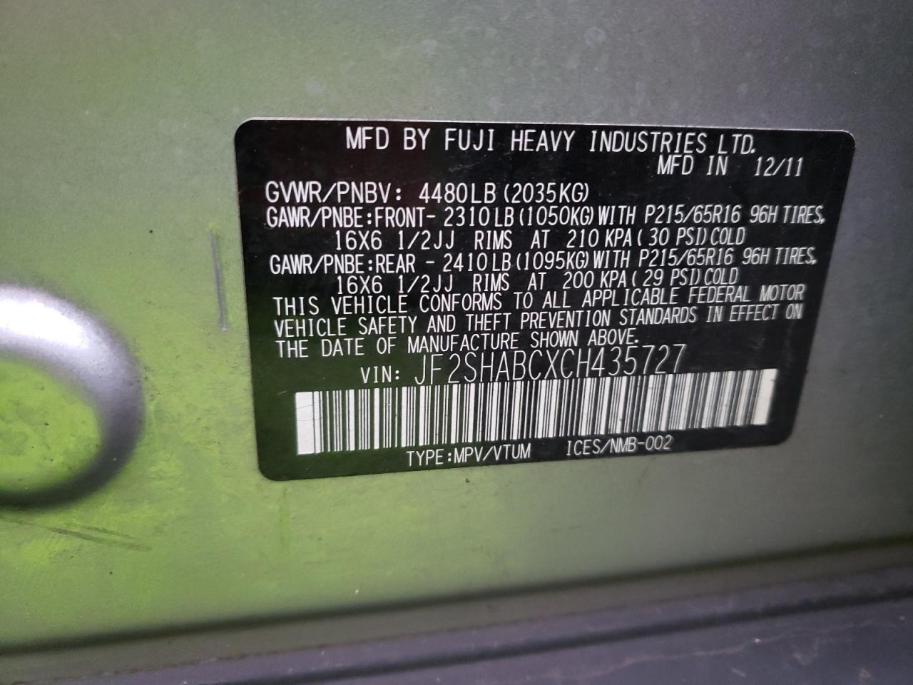 Photo 10 from auction – 2012 SUBARU FORESTER 2 with VIN JF2SHABCXCH435727