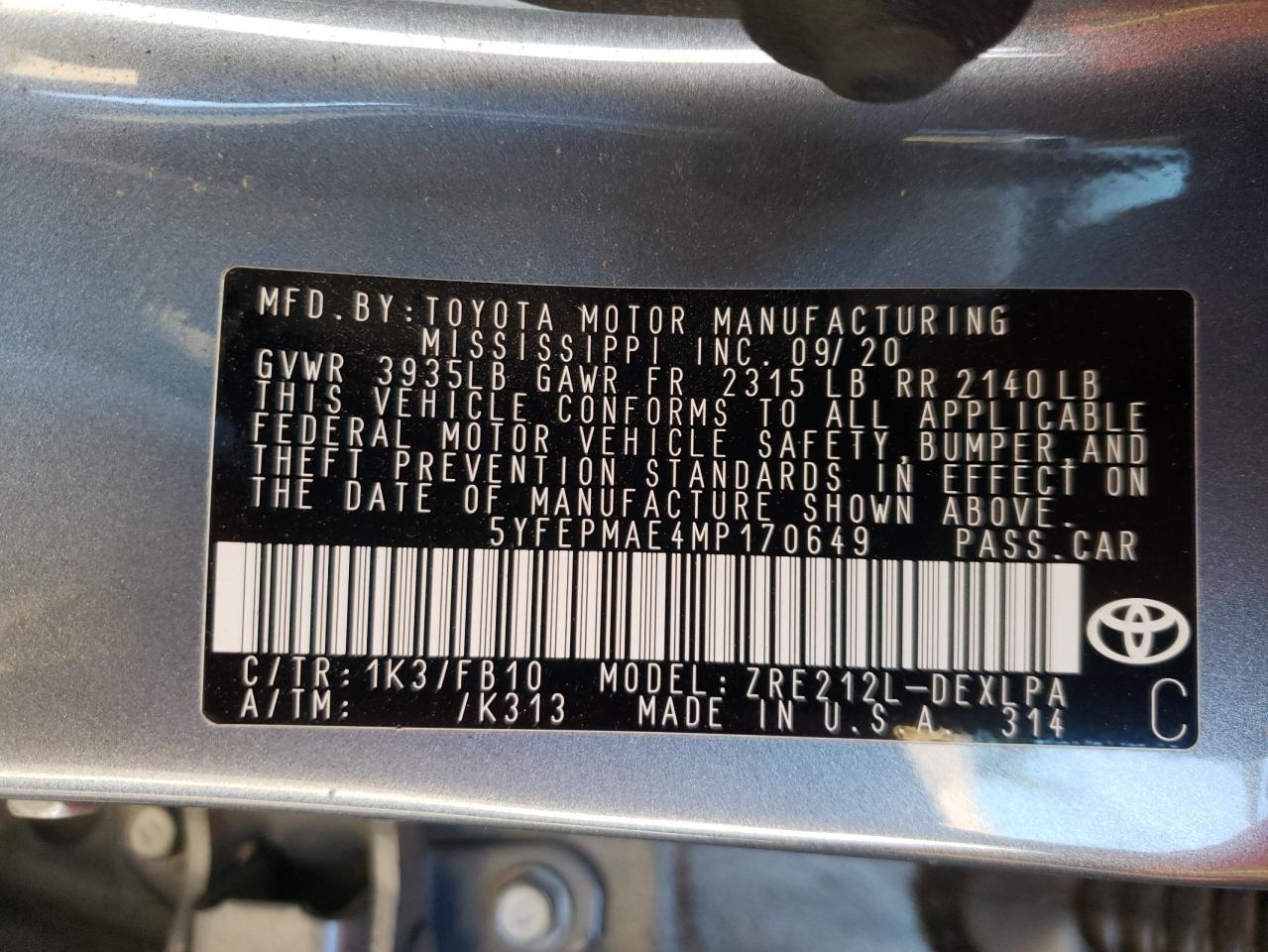 Photo 10 from auction – 2021 TOYOTA COROLLA LE with VIN 5YFEPMAE4MP170649