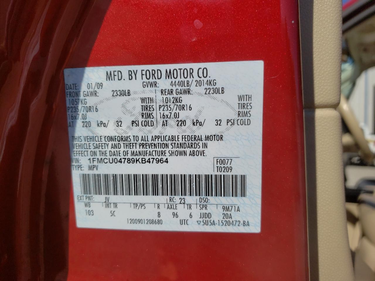 Photo 10 from auction – 2009 FORD ESCAPE LIM with VIN 1FMCU04789KB47964