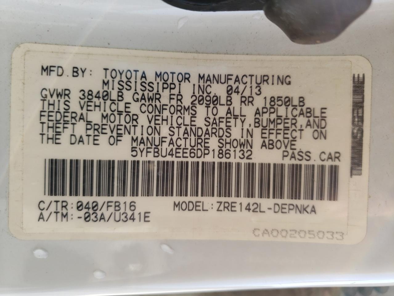 Photo 10 from auction – 2013 TOYOTA COROLLA BA with VIN 5YFBU4EE6DP186132