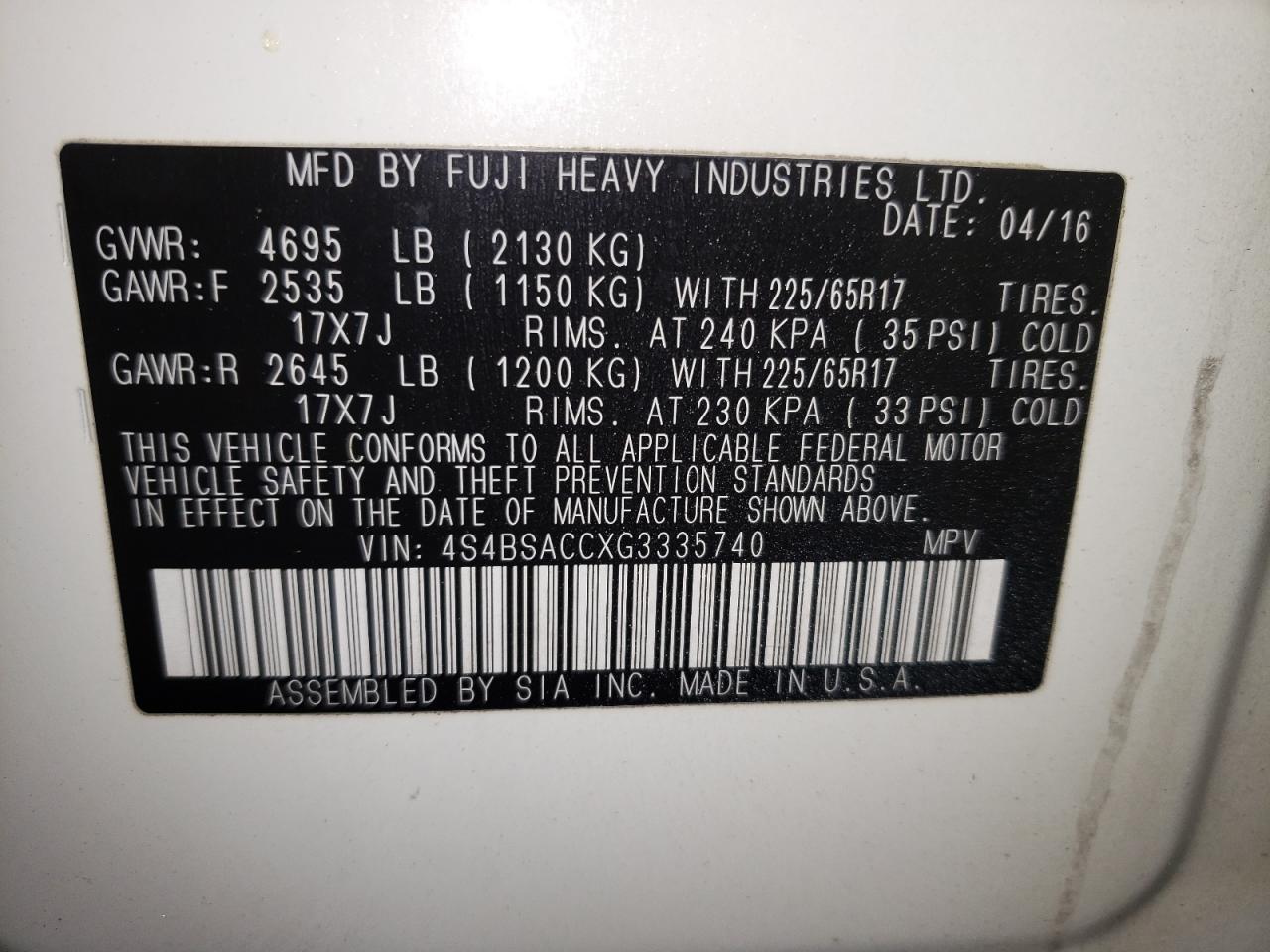 Photo 10 from auction – 2016 SUBARU OUTBACK 2. with VIN 4S4BSACCXG3335740