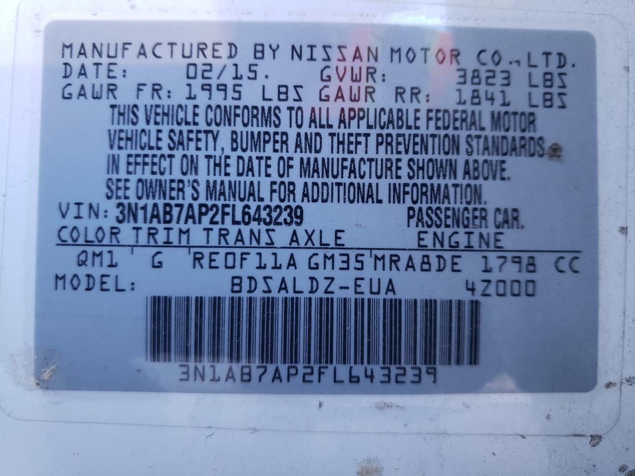 Photo 10 from auction – 2015 NISSAN SENTRA S with VIN 3N1AB7AP2FL643239