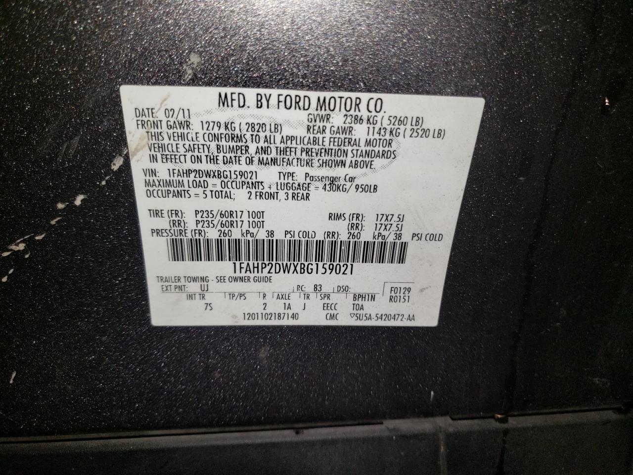 Photo 10 from auction – 2011 FORD TAURUS SE with VIN 1FAHP2DWXBG159021