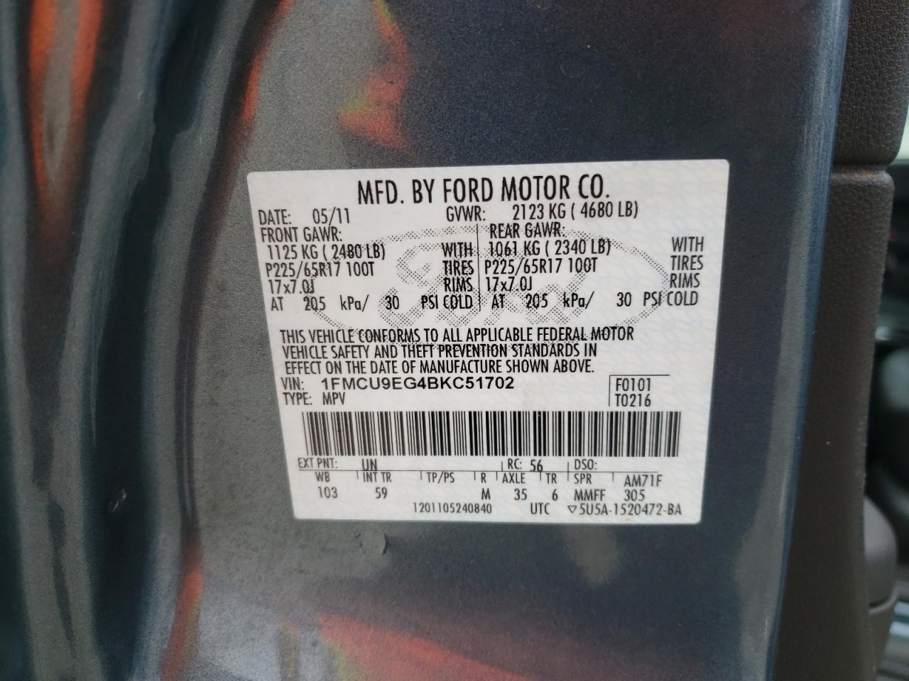 Photo 10 from auction – 2011 FORD ESCAPE LIM with VIN 1FMCU9EG4BKC51702