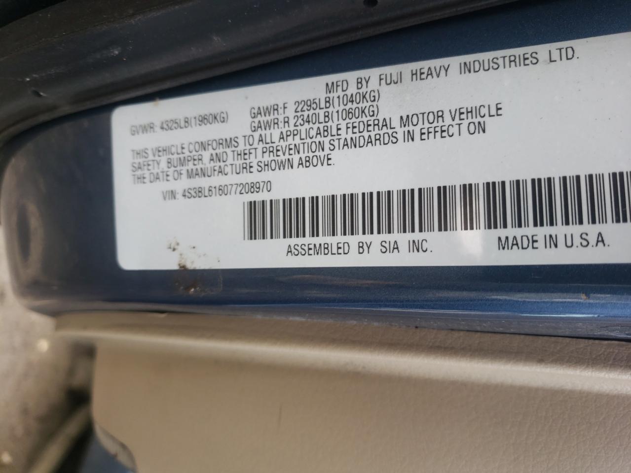 Photo 10 from auction – 2007 SUBARU LEGACY with VIN 4S3BL616077208970