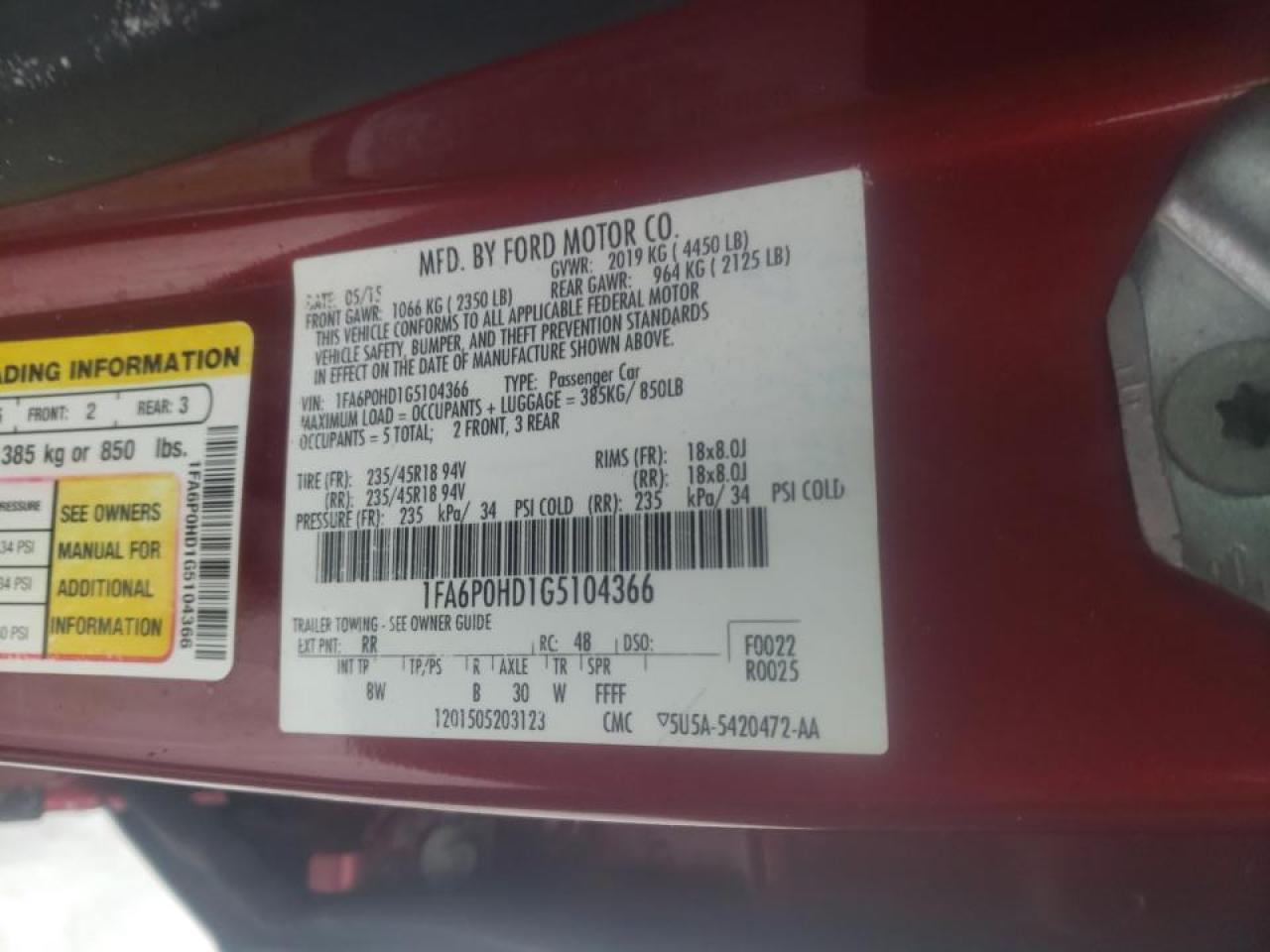 Photo 10 from auction – 2016 FORD FUSION SE with VIN 1FA6P0HD1G5104366