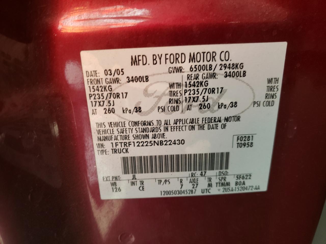 Photo 10 from auction – 2005 FORD F150 with VIN 1FTRF12225NB22430