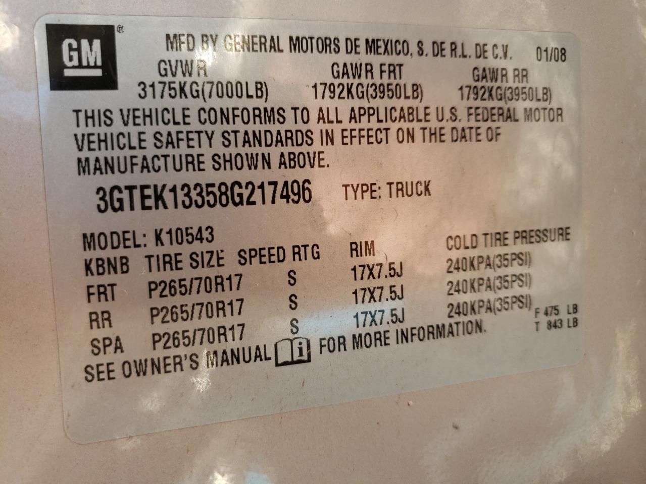 Photo 10 from auction – 2008 GMC SIERRA K15 with VIN 3GTEK13358G217496