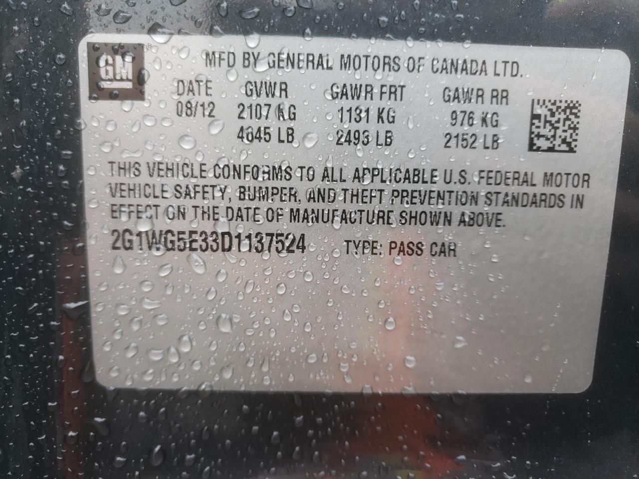 Photo 10 from auction – 2013 CHEVROLET IMPALA LT with VIN 2G1WG5E33D1137524