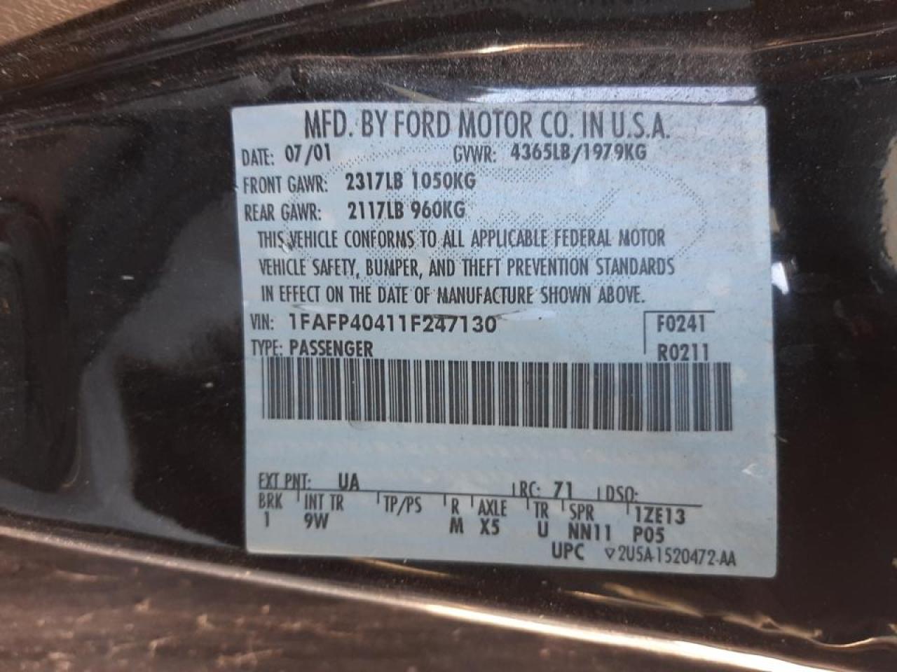 Photo 10 from auction – 2001 FORD MUSTANG with VIN 1FAFP40411F247130
