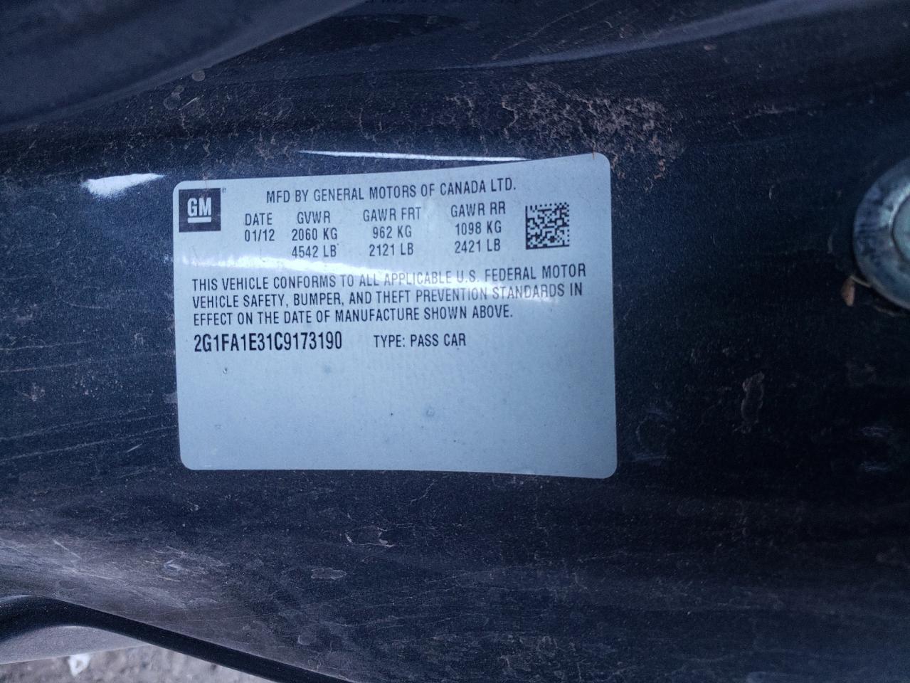 Photo 10 from auction – 2012 CHEVROLET CAMARO LS with VIN 2G1FA1E31C9173190