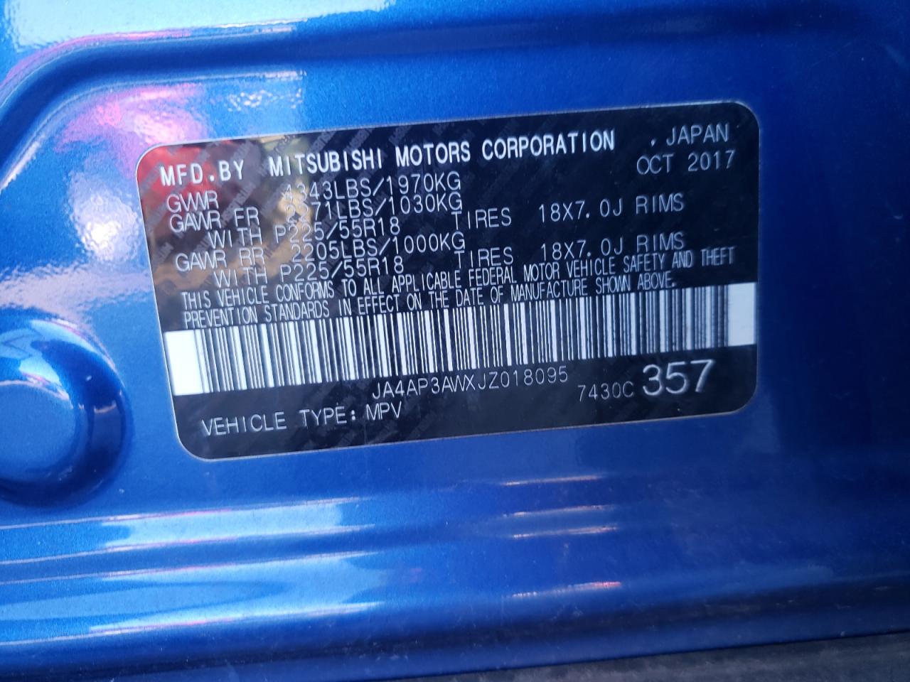 Photo 10 from auction – 2018 MITSUBISHI OUTLANDER with VIN JA4AP3AWXJZ018095
