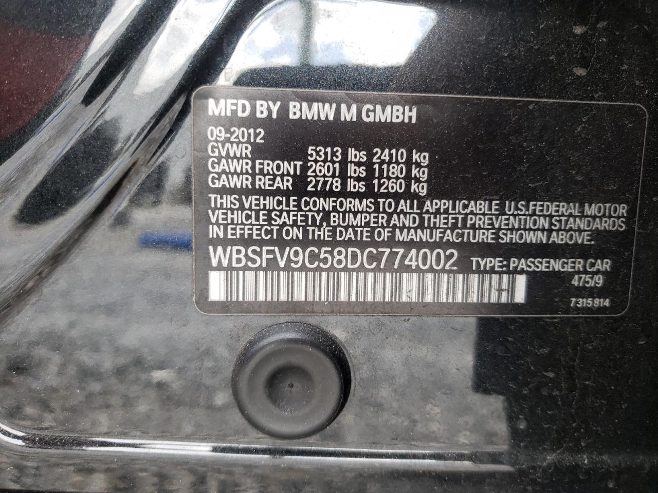 Photo 10 from auction – 2013 BMW M5 with VIN WBSFV9C58DC774002