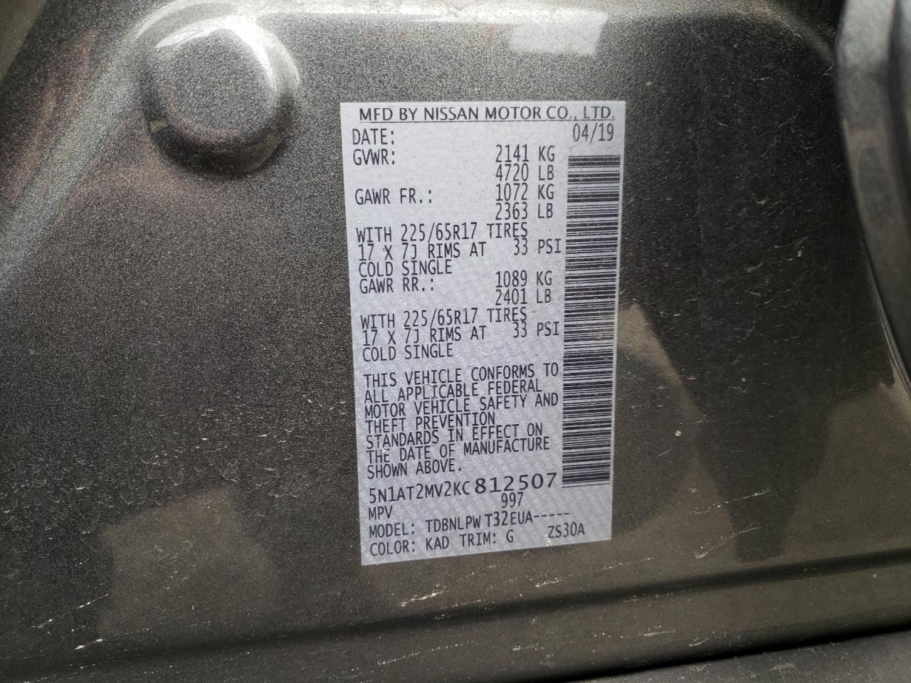 Photo 10 from auction – 2019 NISSAN ROGUE S with VIN 5N1AT2MV2KC812507