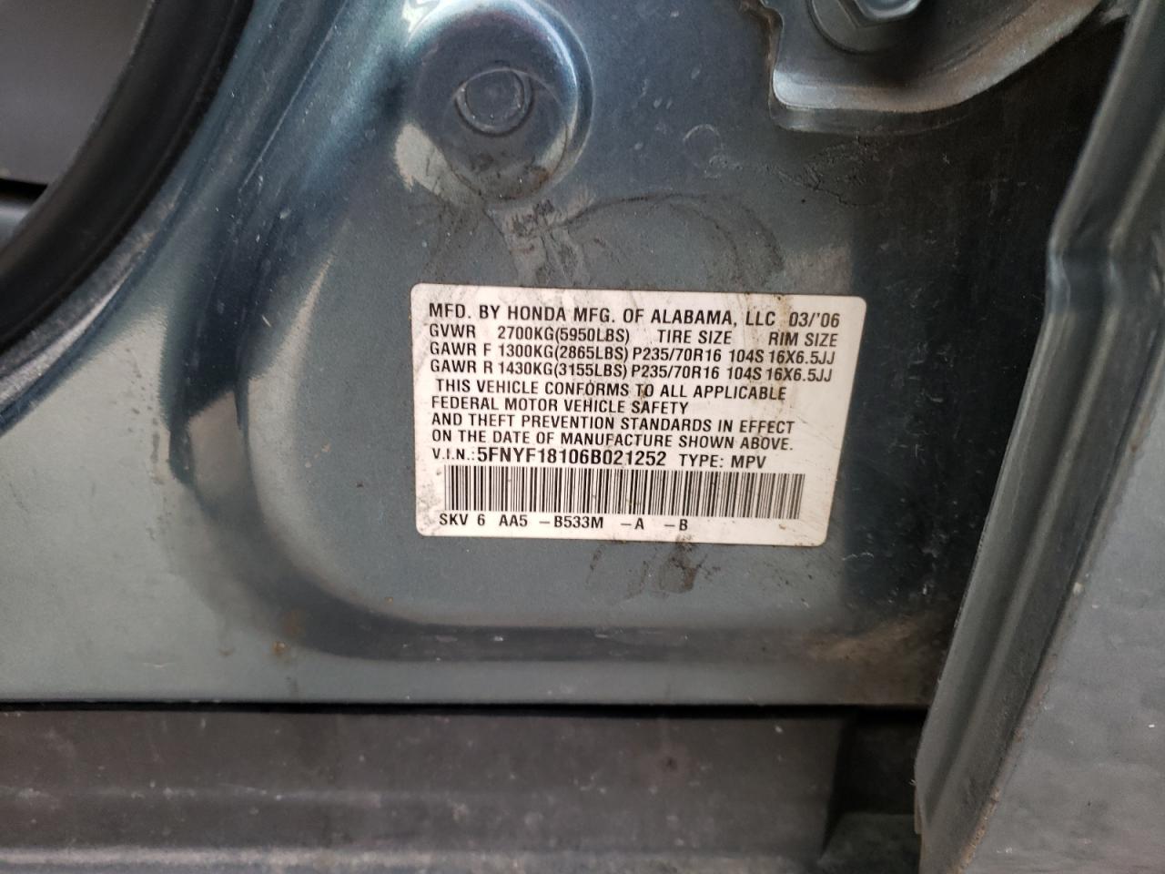 Photo 10 from auction – 2006 HONDA PILOT LX with VIN 5FNYF18106B021252