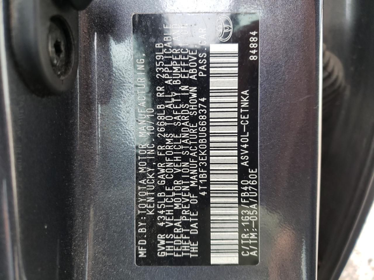 Photo 10 from auction – 2011 TOYOTA CAMRY with VIN 4T1BF3EK0BU668374