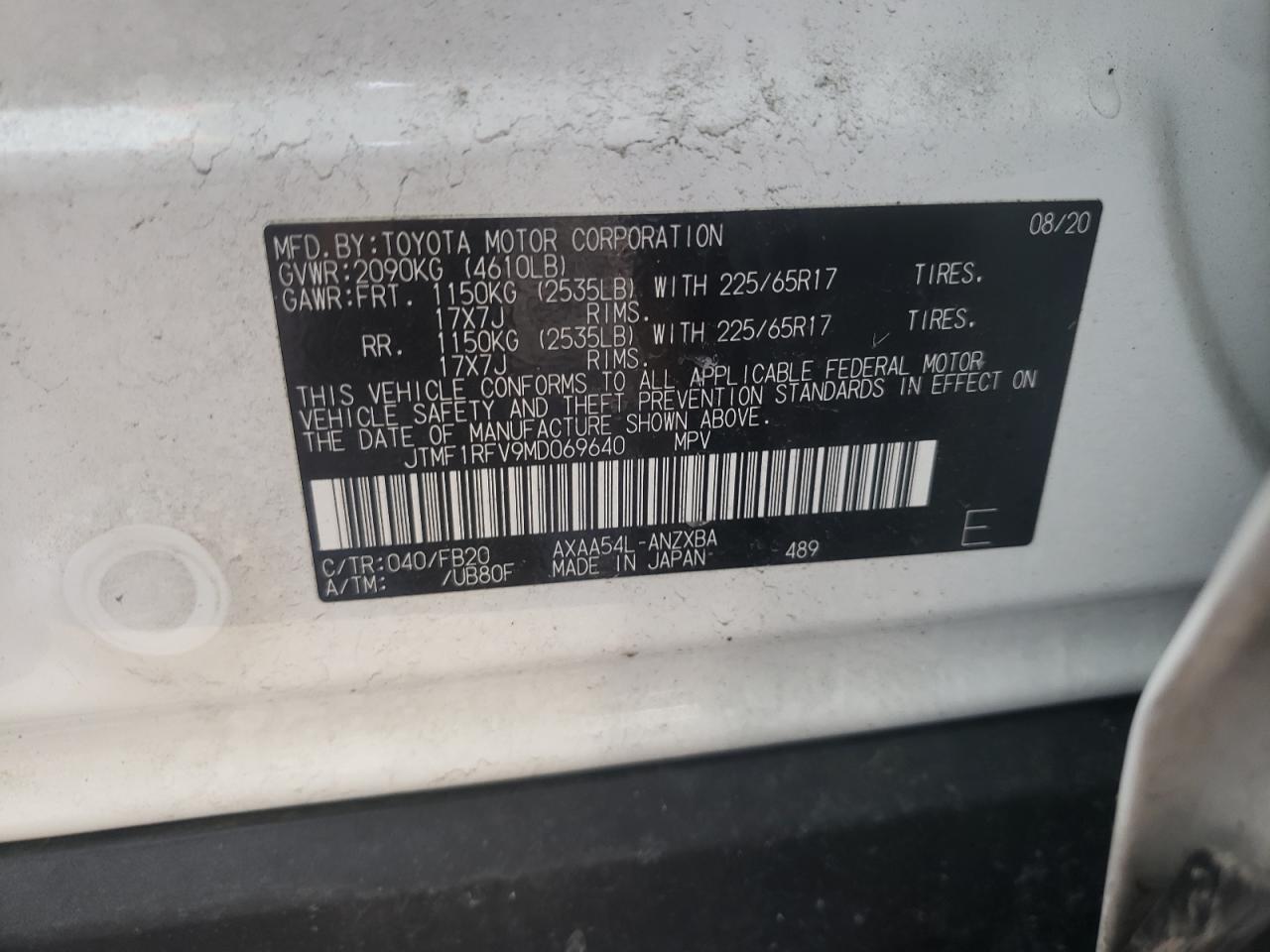 Photo 10 from auction – 2021 TOYOTA RAV4 LE with VIN JTMF1RFV9MD069640