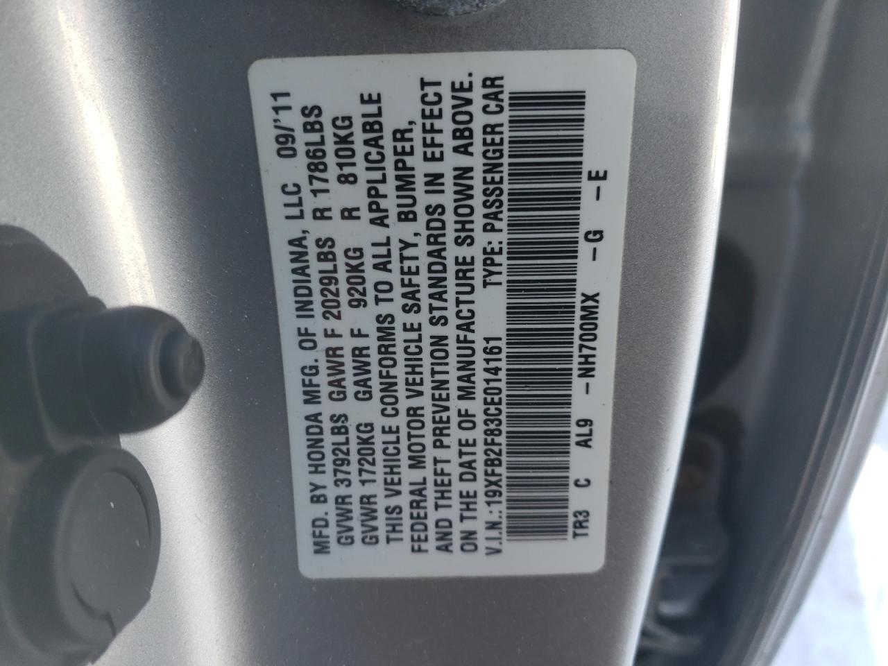 Photo 10 from auction – 2012 HONDA CIVIC EX with VIN 19XFB2F83CE014161