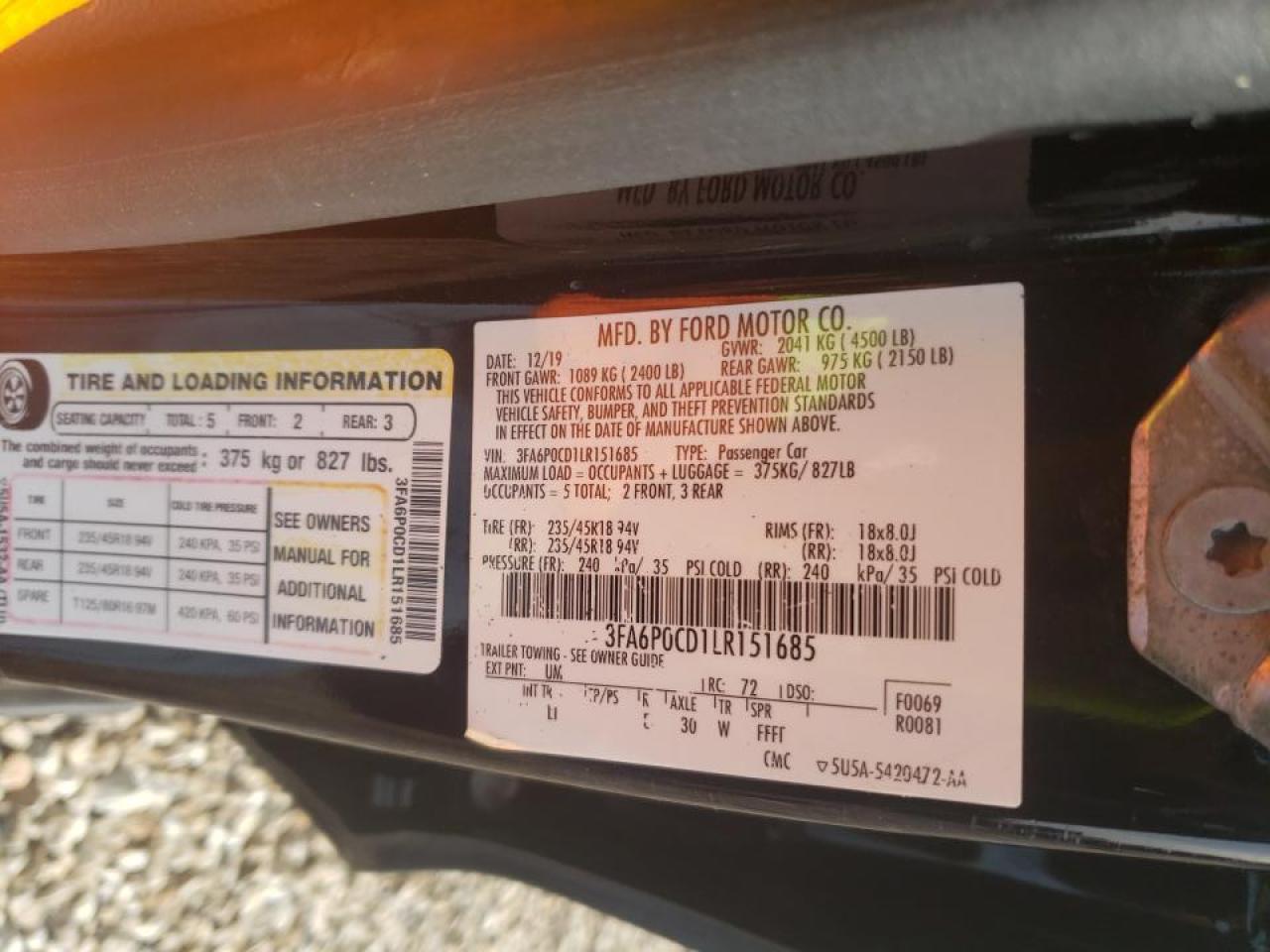 Photo 10 from auction – 2020 FORD FUSION SEL with VIN 3FA6P0CD1LR151685