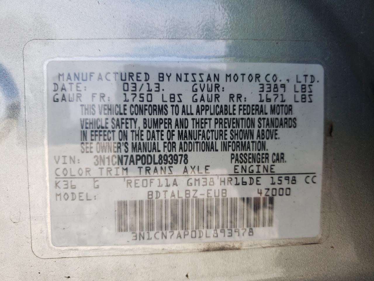 Photo 10 from auction – 2013 NISSAN VERSA with VIN 3N1CN7AP0DL893978