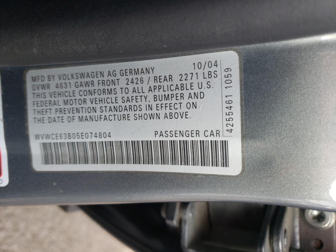 Photo 10 from auction – 2005 VOLKSWAGEN PASSAT GLS with VIN WVWCE63B05E074804