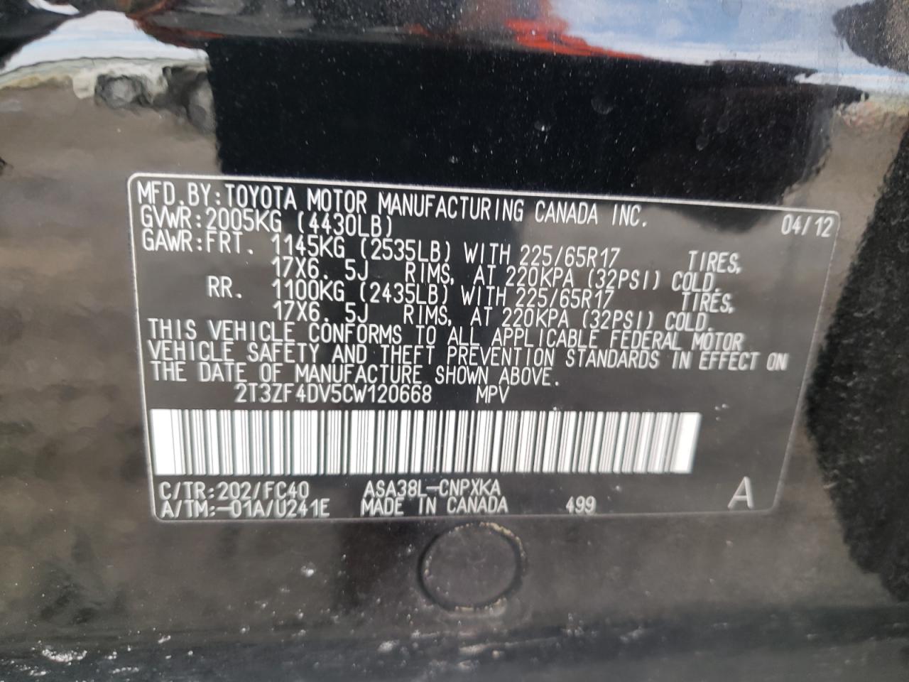 Photo 10 from auction – 2012 TOYOTA RAV4 with VIN 2T3ZF4DV5CW120668