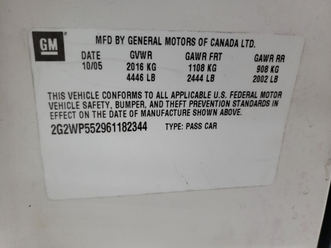 Photo 10 from auction – 2006 PONTIAC GRAND PRIX with VIN 2G2WP552961182344