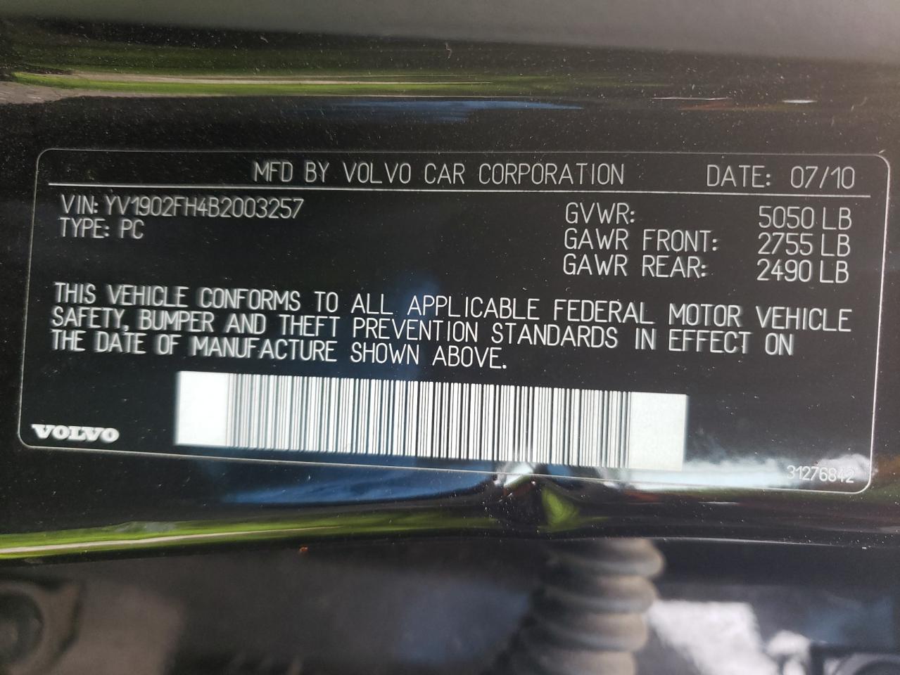 Photo 10 from auction – 2011 VOLVO S60 T6 with VIN YV1902FH4B2003257