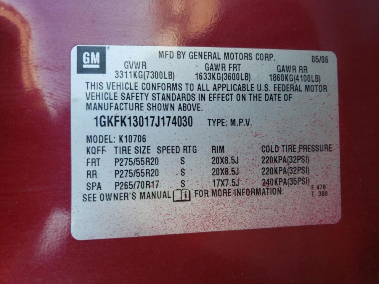 Photo 10 from auction – 2007 GMC YUKON with VIN 1GKFK13017J174030