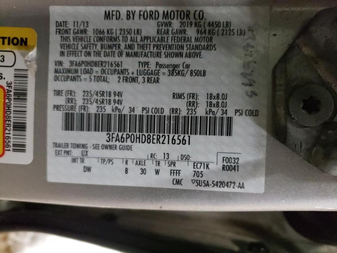 Photo 10 from auction – 2014 FORD FUSION SE with VIN 3FA6P0HD8ER216561
