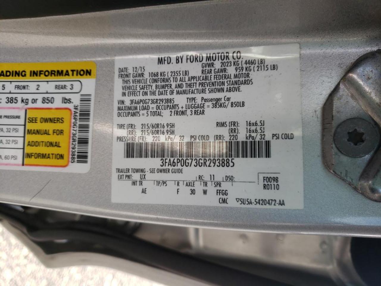 Photo 10 from auction – 2016 FORD FUSION S with VIN 3FA6P0G73GR293885