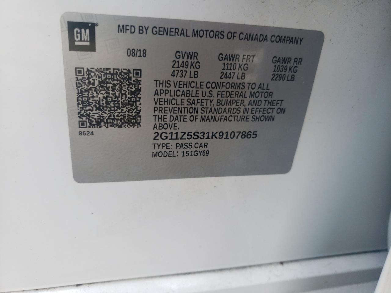 Photo 10 from auction – 2019 CHEVROLET IMPALA LT with VIN 2G11Z5S31K9107865
