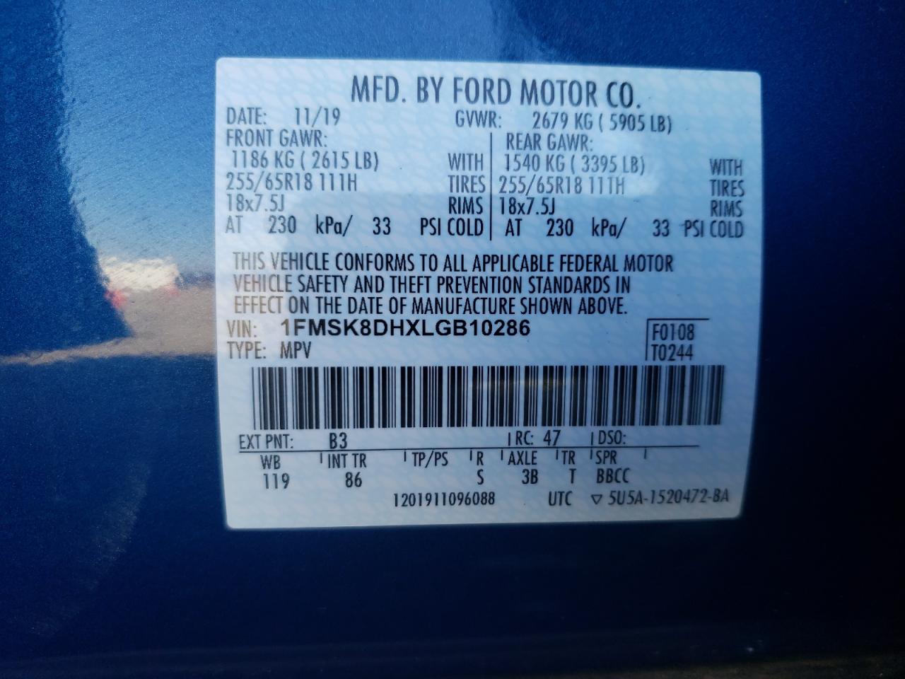 Photo 10 from auction – 2020 FORD EXPLORER X with VIN 1FMSK8DHXLGB10286
